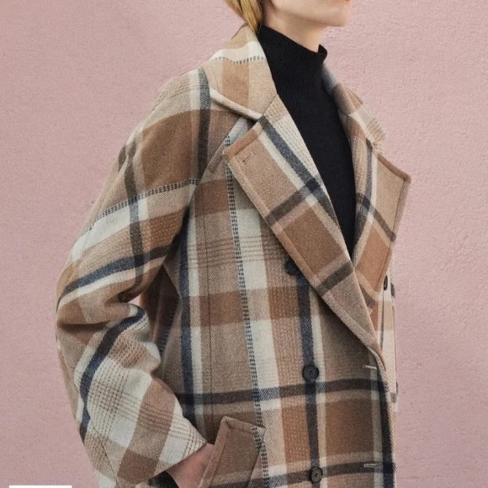 Everlane Italian ReWool Wool Peacoat Winter Coat Jacket Brown Plaid Size 12 - Picture 9 of 9